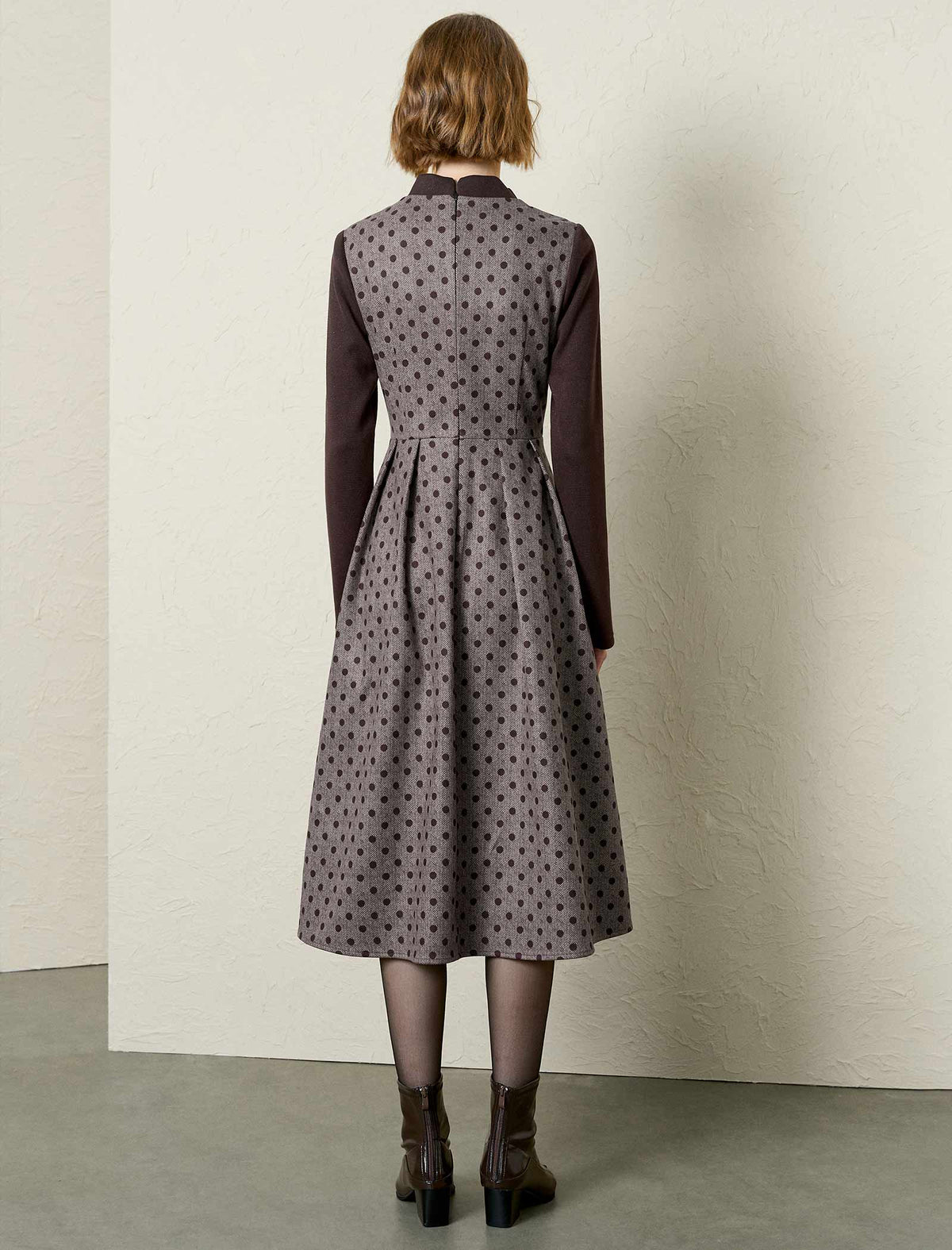 Herringbone Polka Dot Long-Sleeve Midi Dress