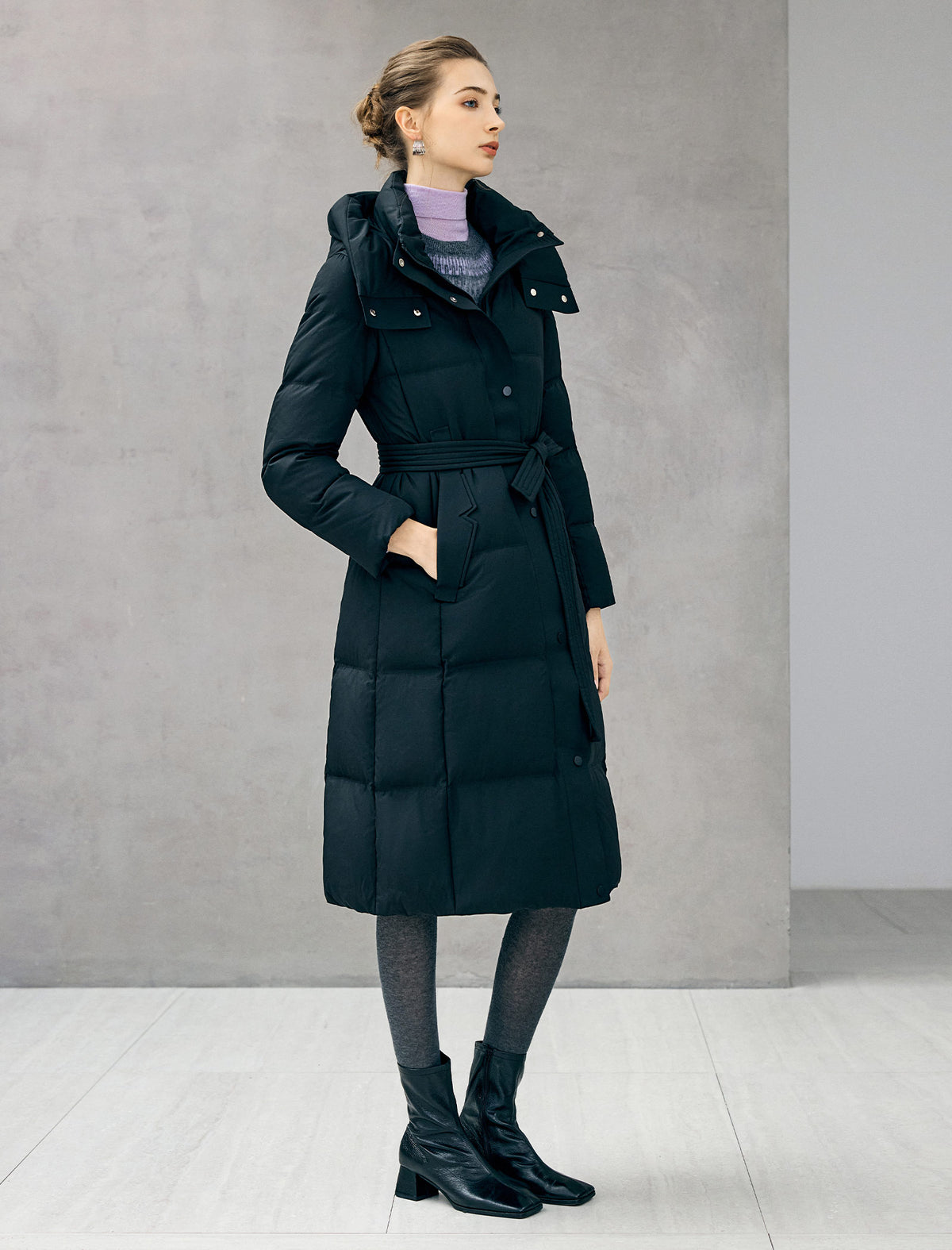 Belted Quilted Zip-Front Long Puffer Coat