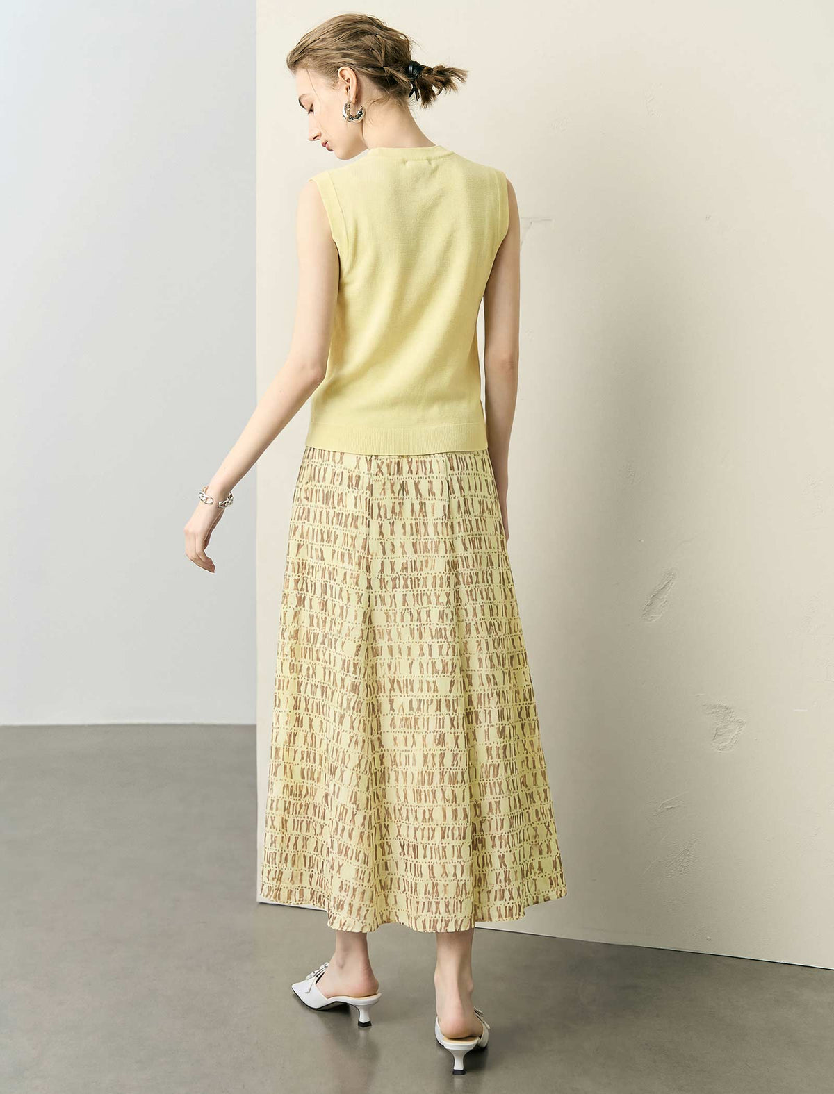 Butter Yellow Printed A-Line Midi Skirt