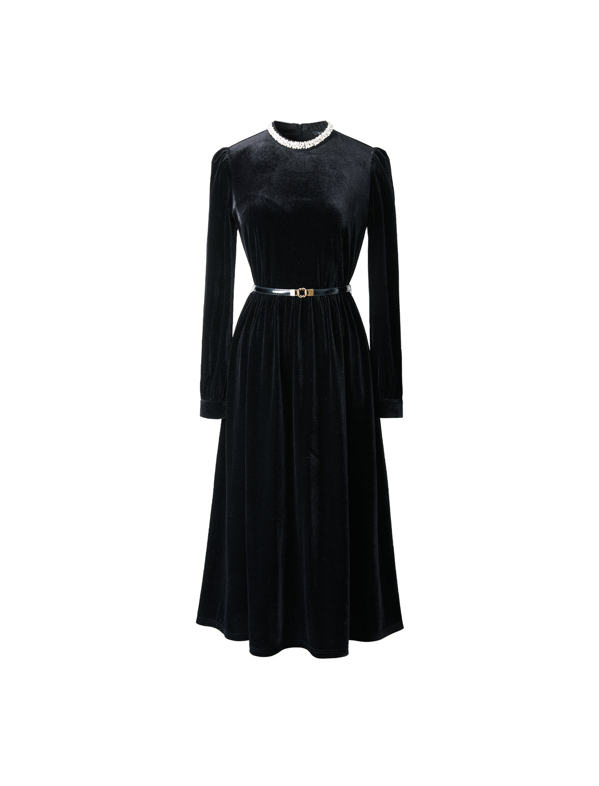 Velvet-Trim Crewneck Fitted Dress