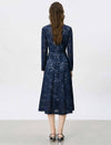 Navy Blue Beaded Neckline Lace Midi Dress