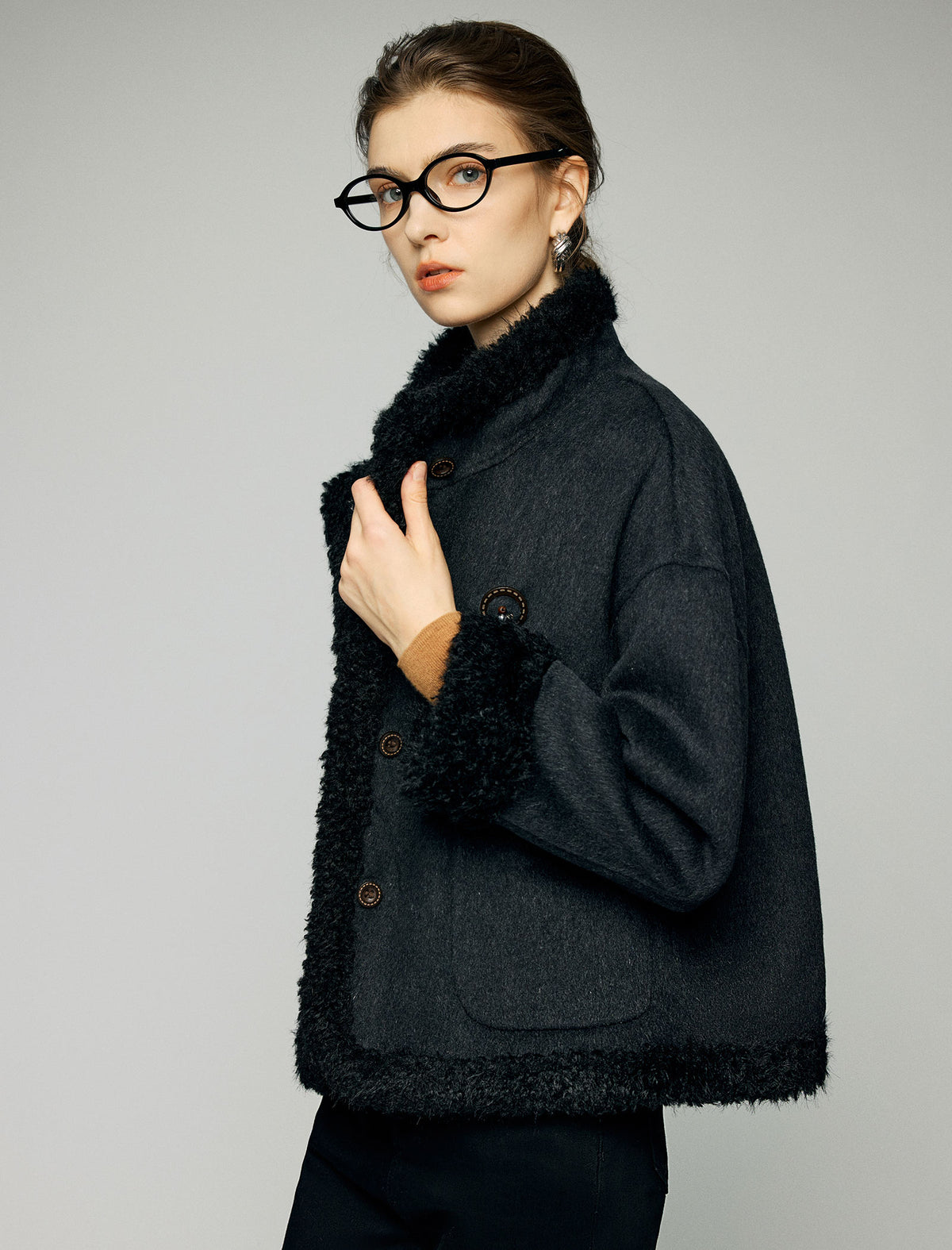 Wool Blend Contrast-Trim Button-Front Cropped Jacket
