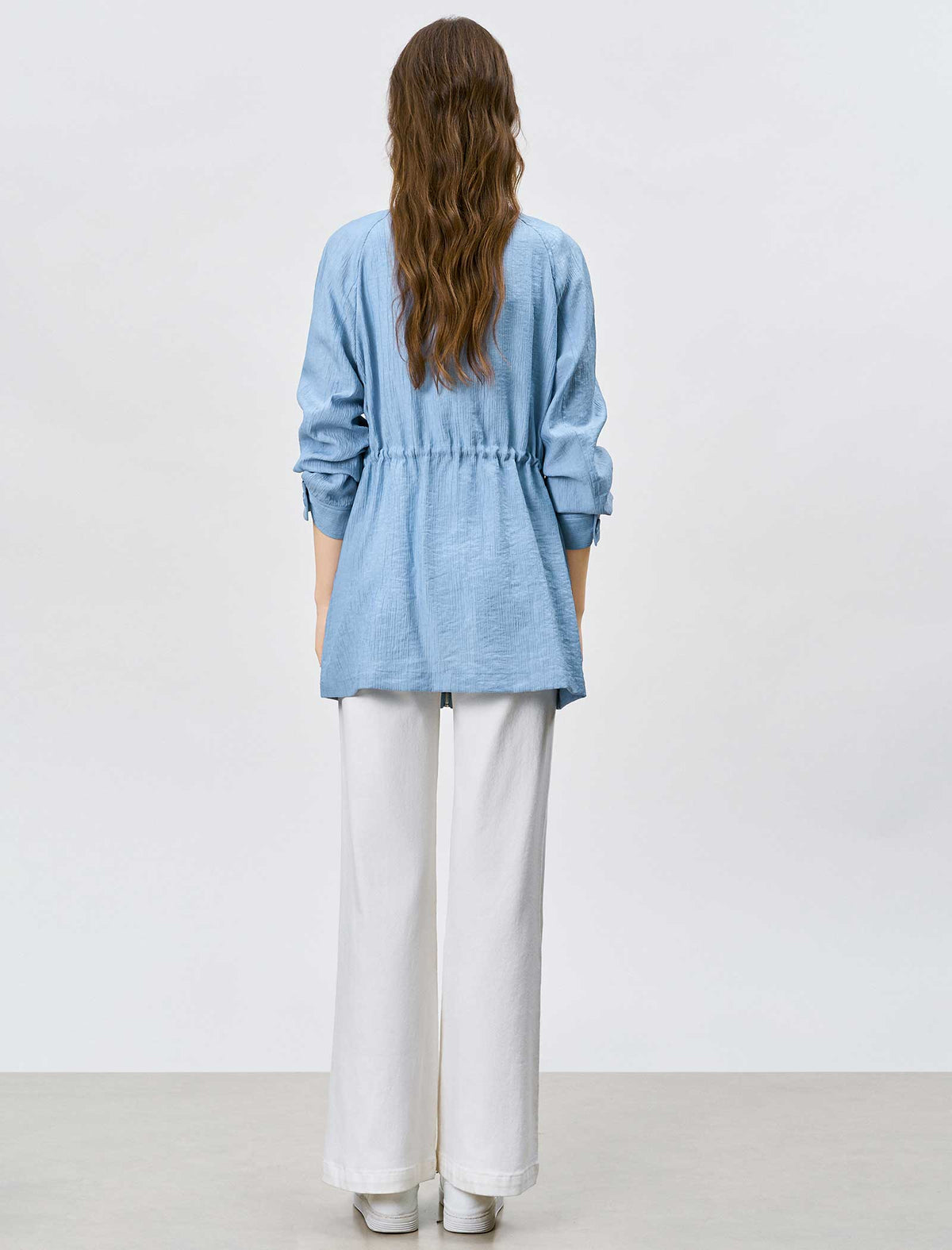 Light Blue Drawstring Waist Double Breasted Mid Length Trench Jacket