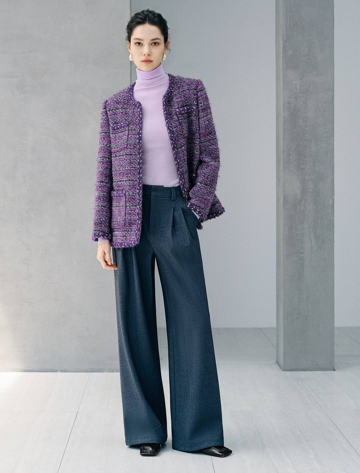 Wool Blend Textured Braided Trim Open-Front Jacket
