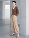 Draped Wool-Blend Ruched Waistband Lantern Pants