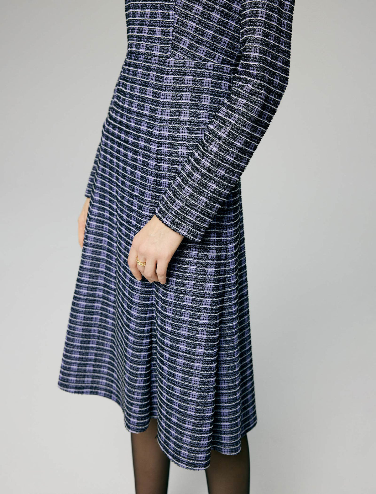 Beaded Crewneck Purple Check Fit Flare Dress