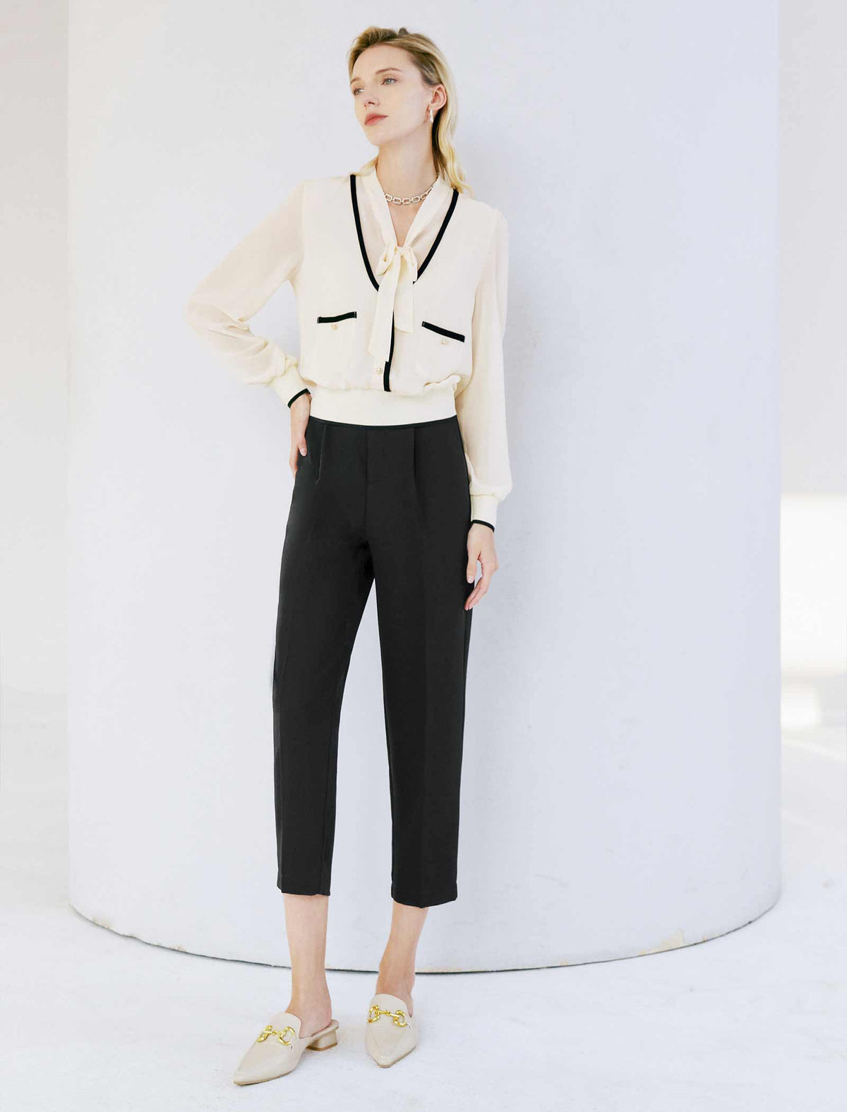 V-Neck Layered Tie-Front Long Sleeve Shirt