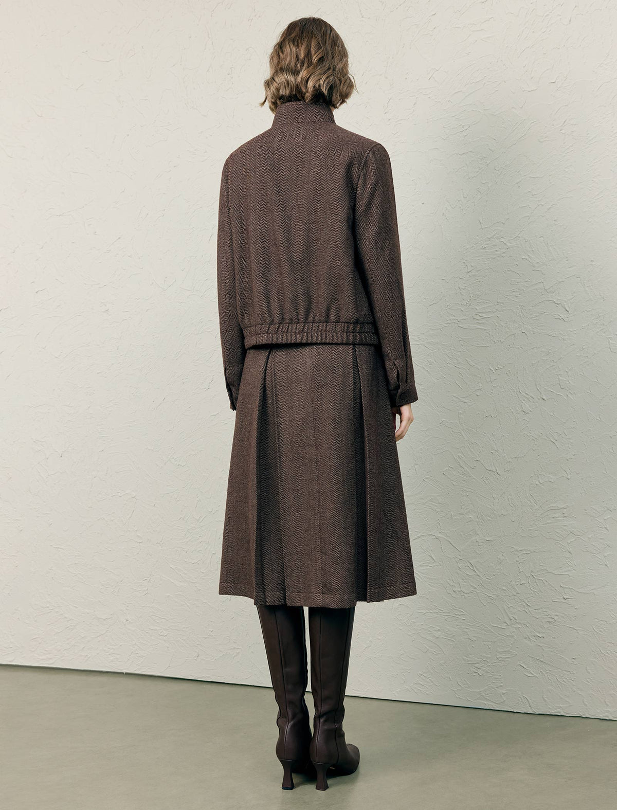 Wool Blend Textured Stand-Collar Zip-Front Cropped Jacket