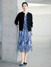 Abstract Floral Print Belted Long Sleeve Midi Dress