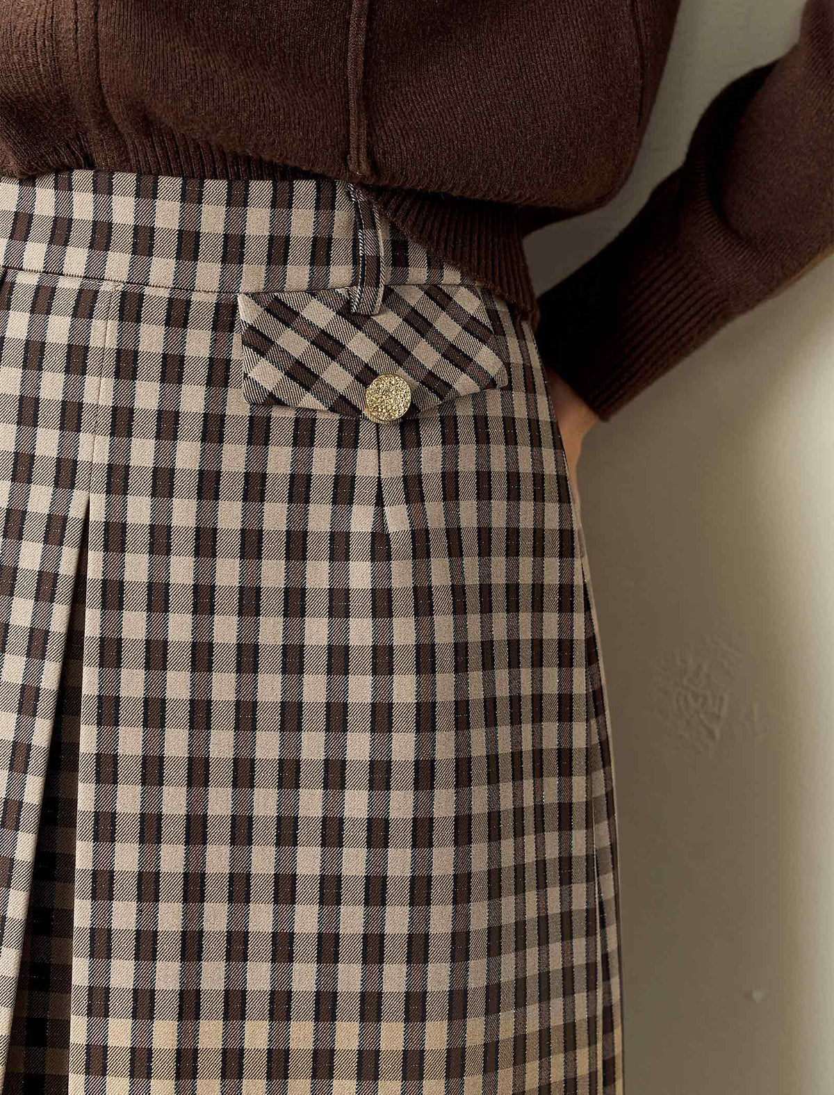Brown Plaid Front Slit Midi Skirt