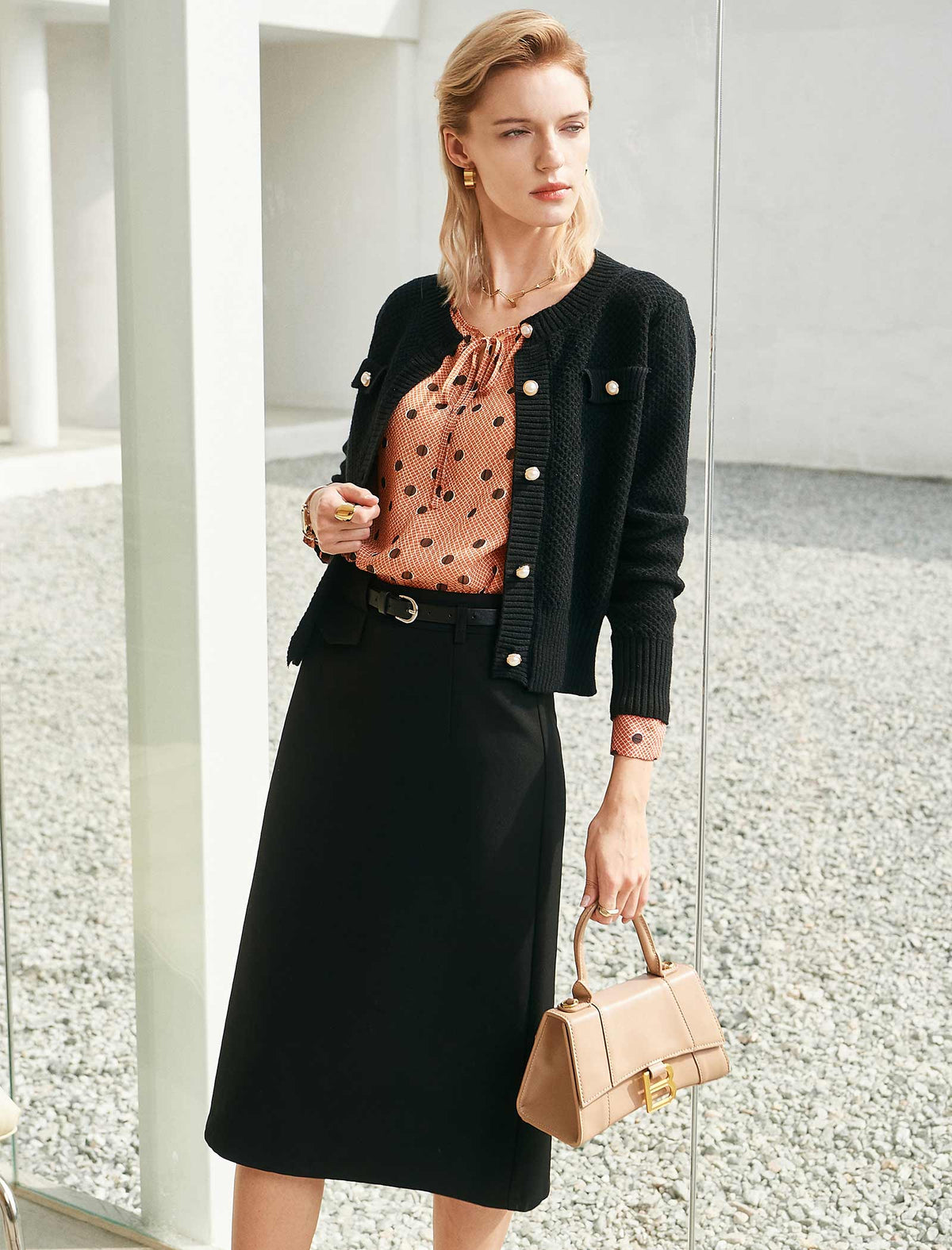 Peach Polka Dot Tie-Neck Blouse