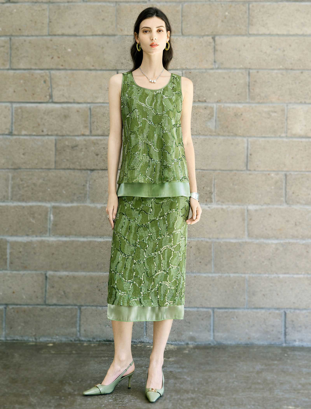 Olive Green Sequin Midi Skirt