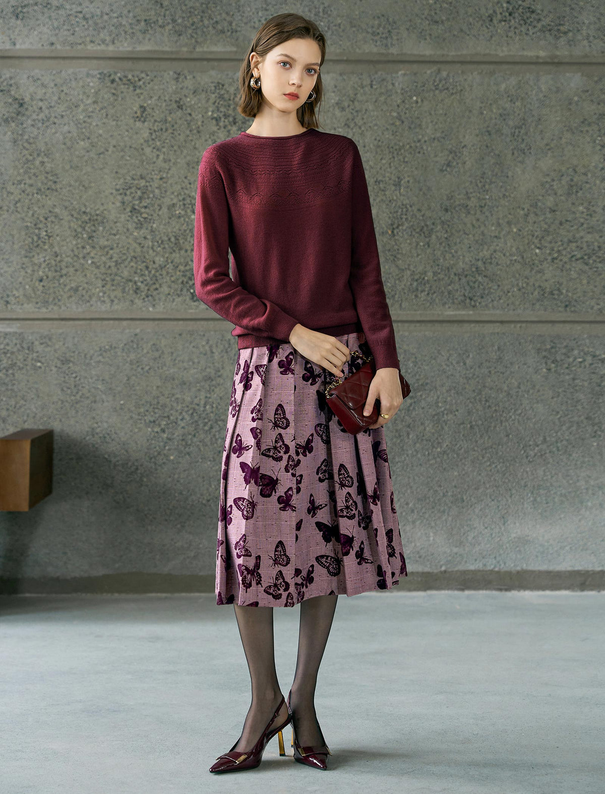 Butterfly Print Pleated Midi Skirt
