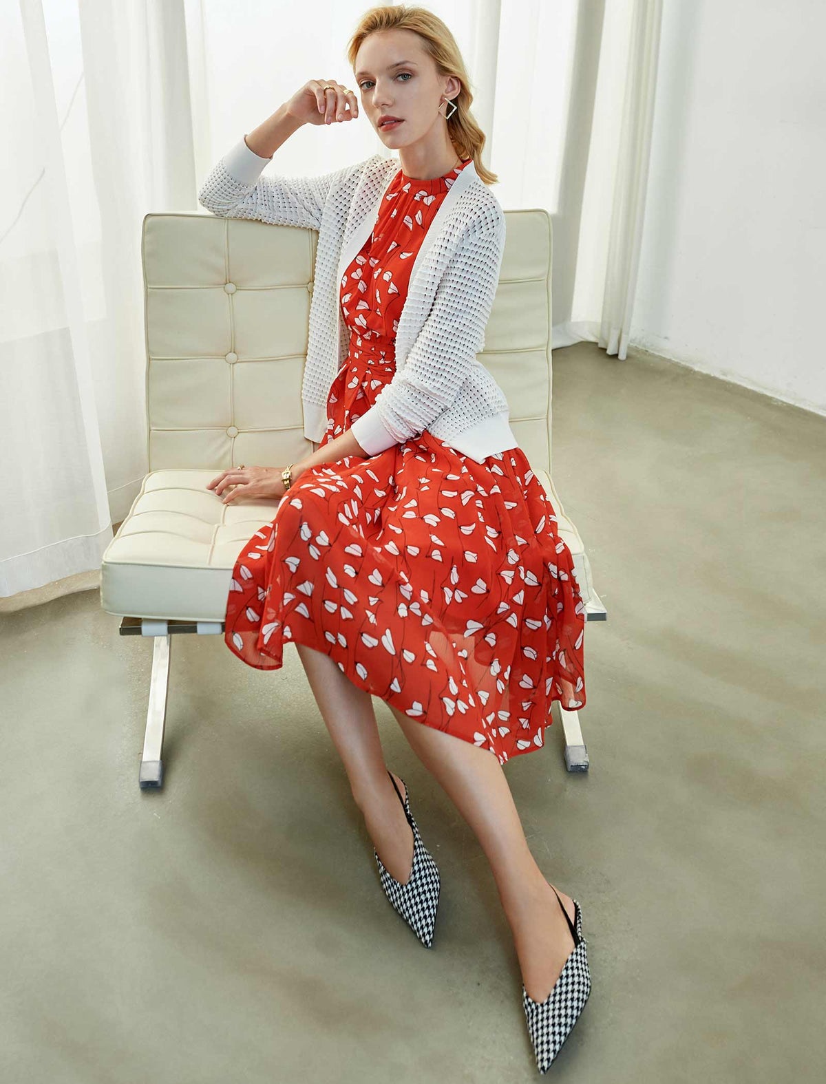 Bright Red Leaf-Print Midi Dress