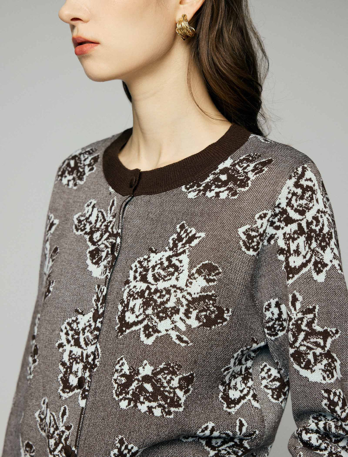 Wool Blend Floral Jacquard Crewneck Button-Front Cardigan