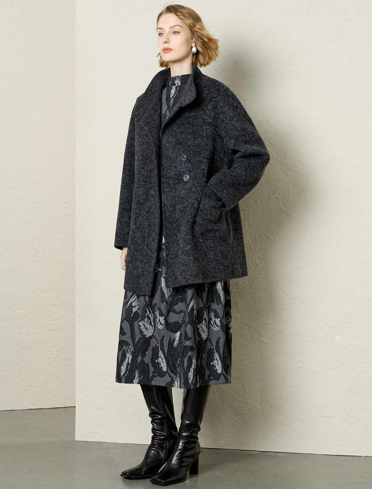 Wool-Alpaca Blend Stand Collar Textured Coat