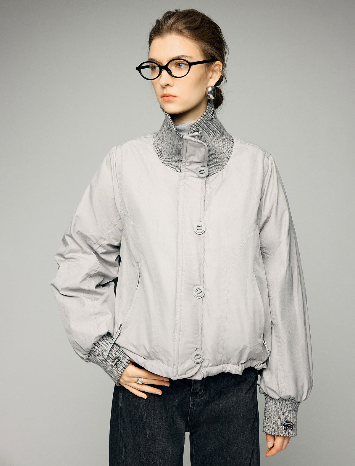 Textured-Trim Contrast-Collar Button-Front Puffer Jacket