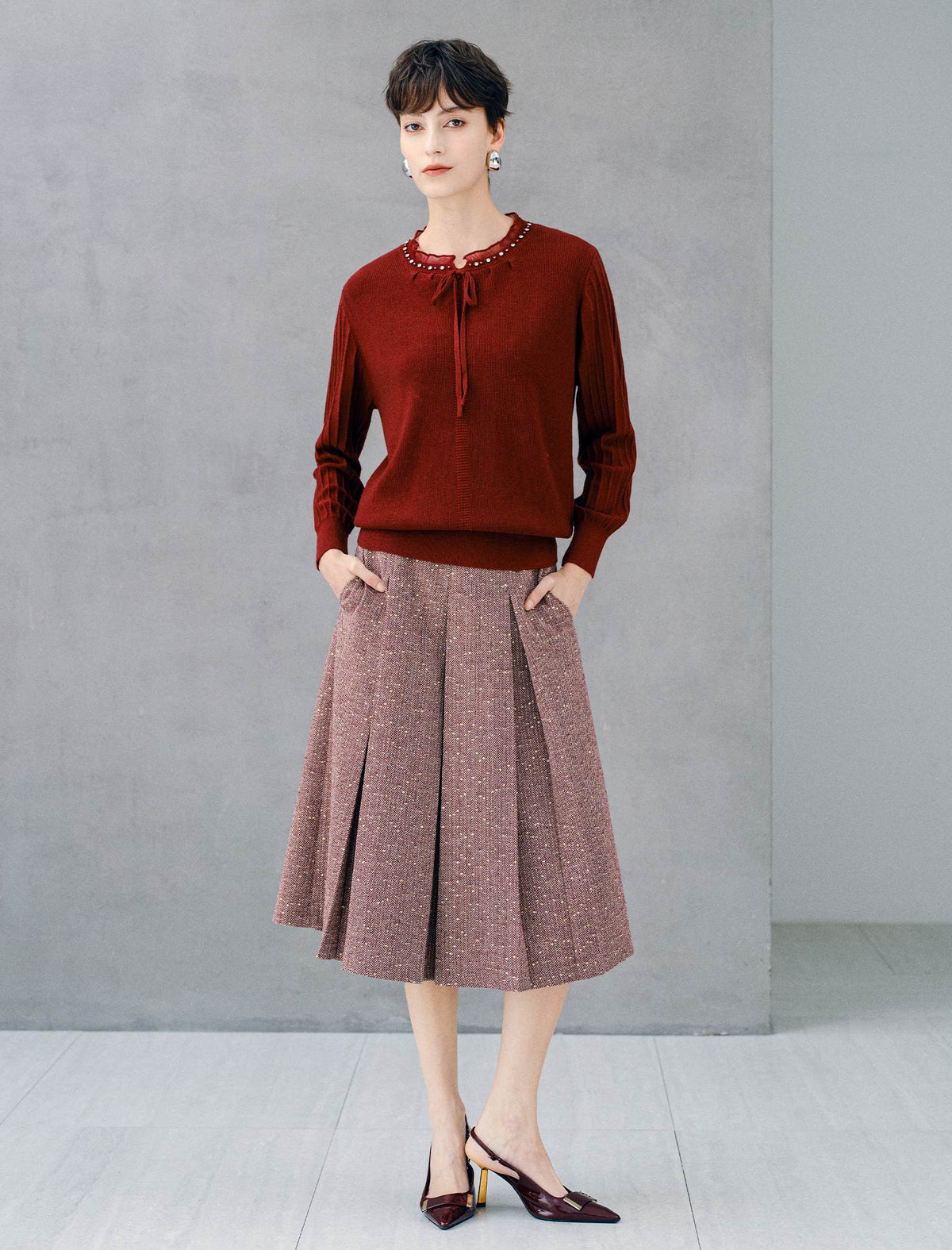 Vintage Pearl Trim Tie Neck Knit Top