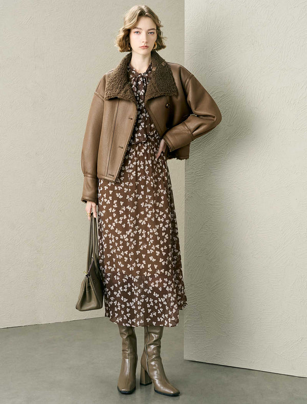 Coffee Reversible Faux Shearling Cropped Jacket