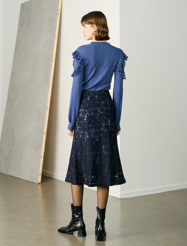 Floral Lace Flared Hem Midi Skirt