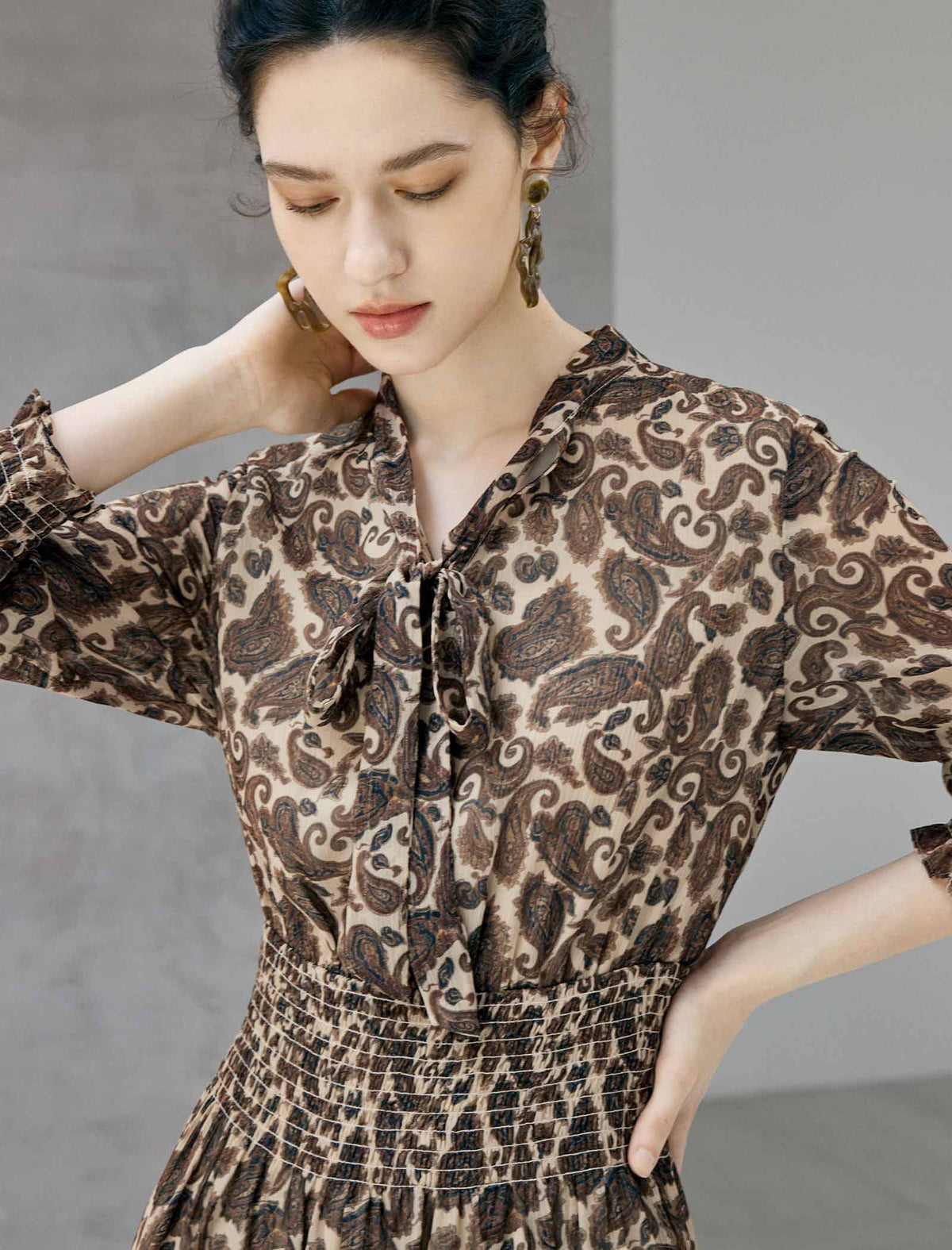 Paisley Print Tie Neck Smocked Waist Midi Dress