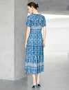 Blue Ikat Print Defined-Waist Midi Dress