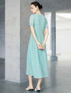 Mint Green Lace Detail Pleated Puff Sleeve Midi Dress