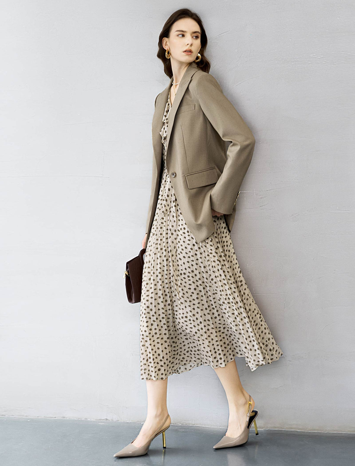 Oatmeal Ditsy Dot Ruffled Midi Dress
