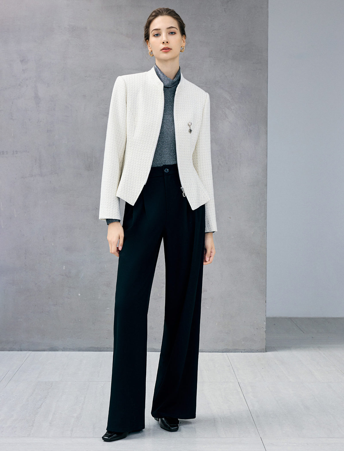 Wool Blend Stand-Collar Zip-Front Peplum Jacket