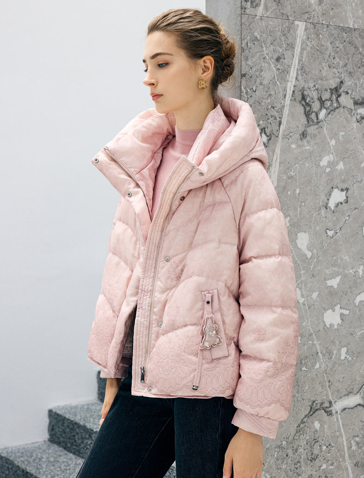 Floral Pattern Hooded Zip-Front Cropped Puffer Jacket