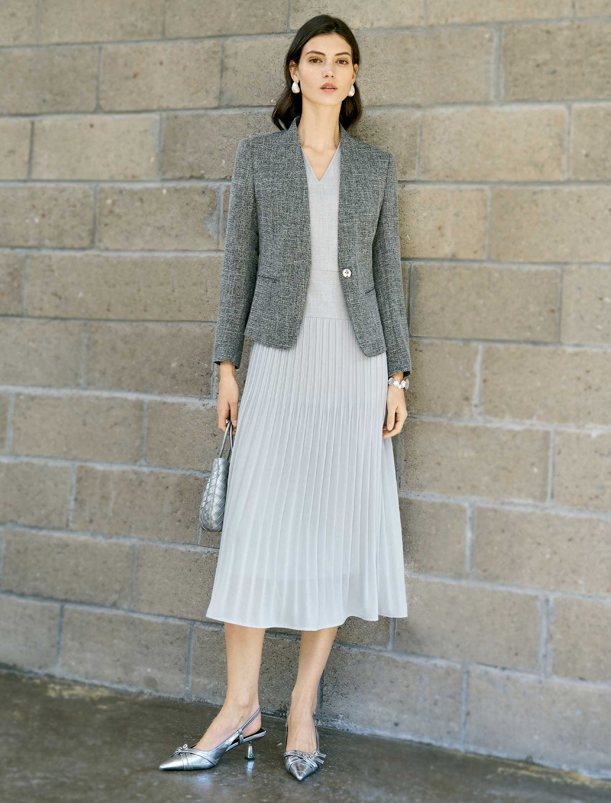 V-Neck Pleated Midi Dress