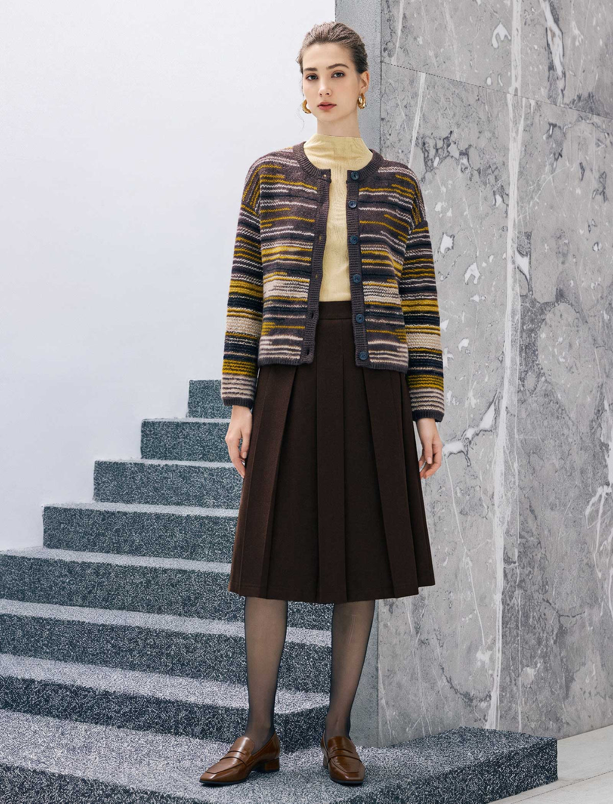 Wool Blend Striped Drop-Shoulder Button Cardigan