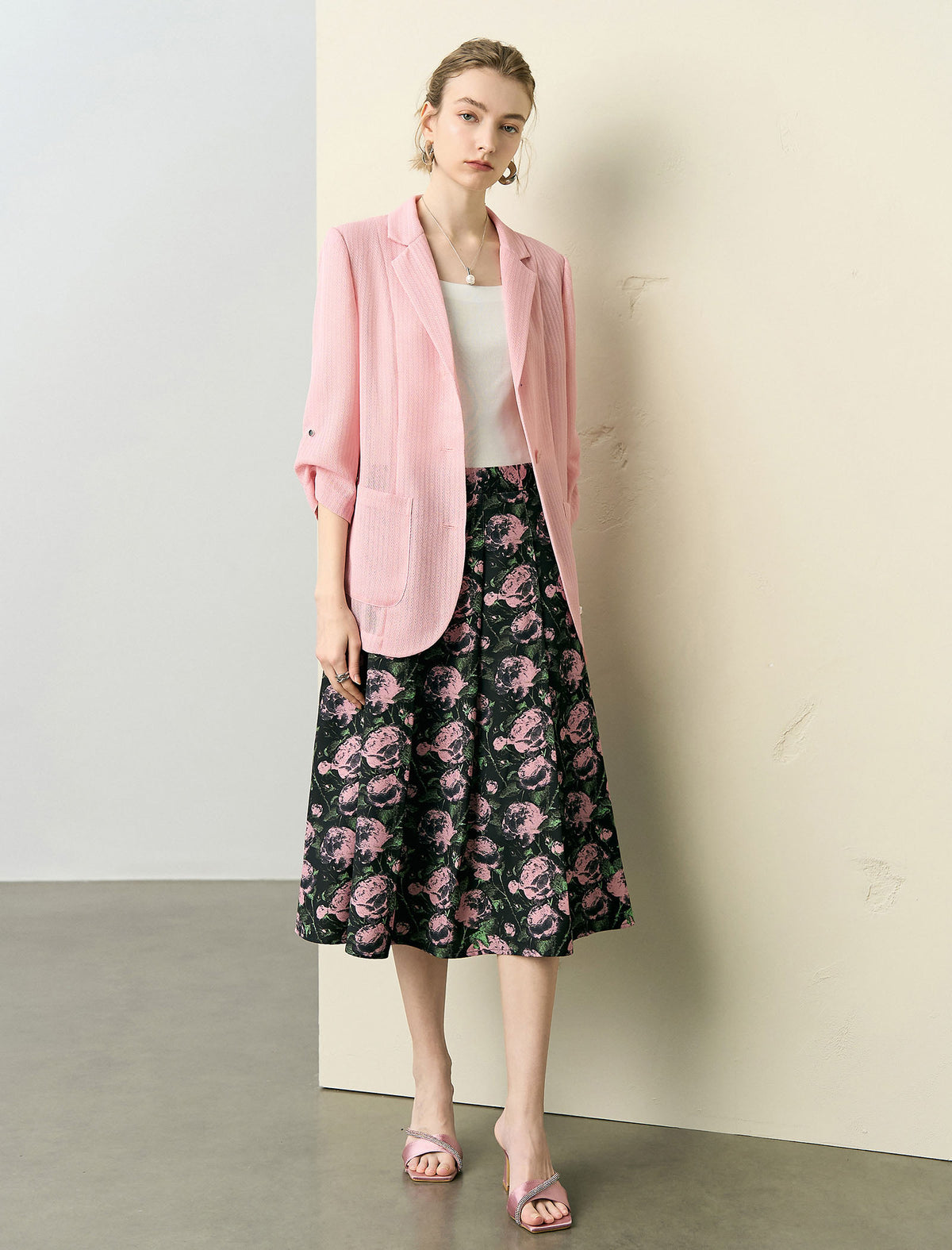 Three-Quarter Sleeve Textured Lapel Blazer