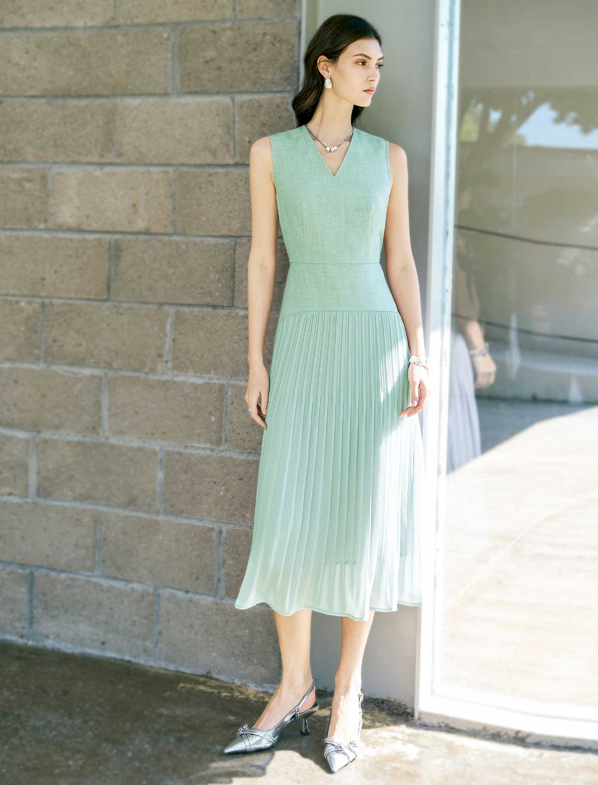 V-Neck Pleated Midi Dress