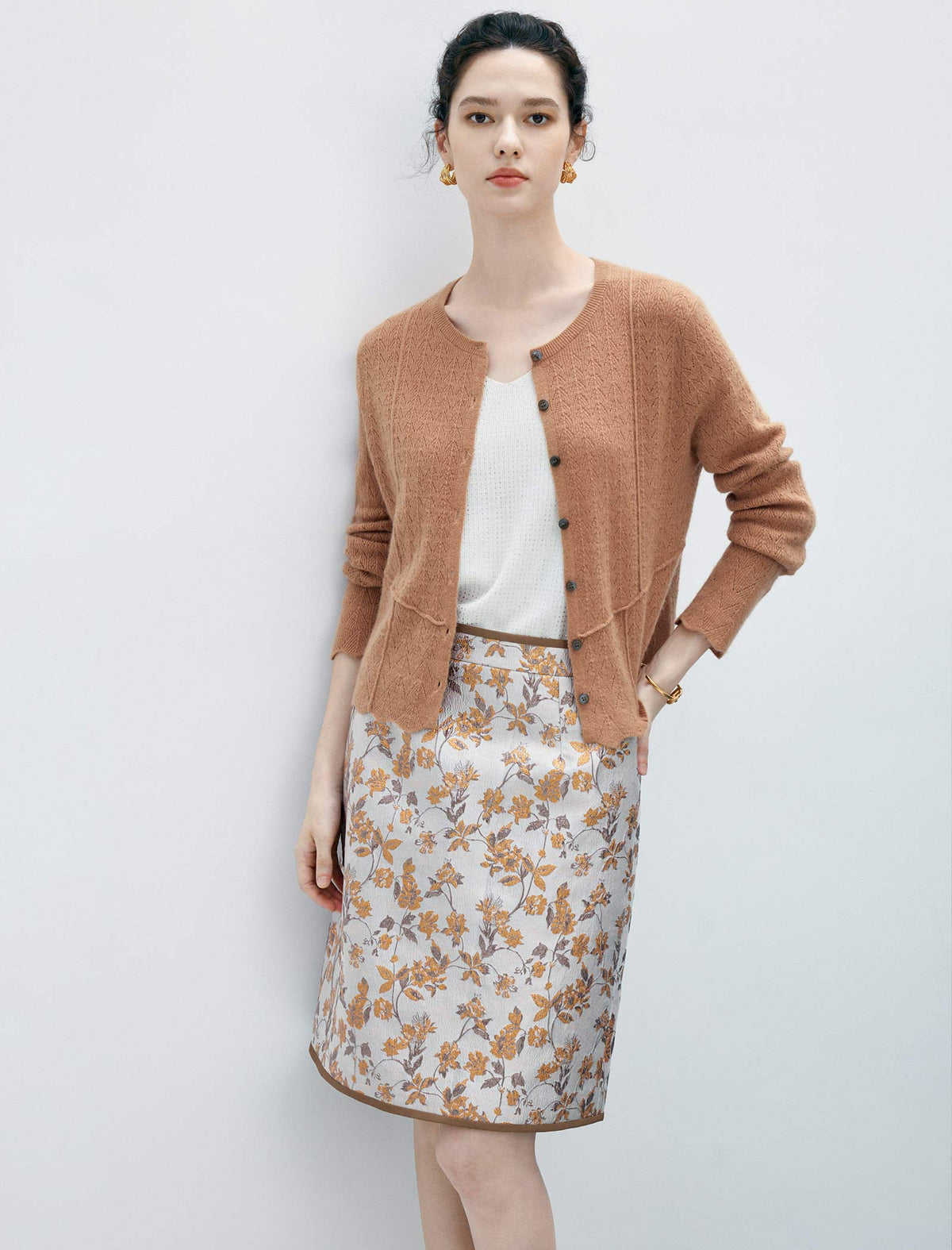 High Waist Floral Jacquard A Line Midi Skirt