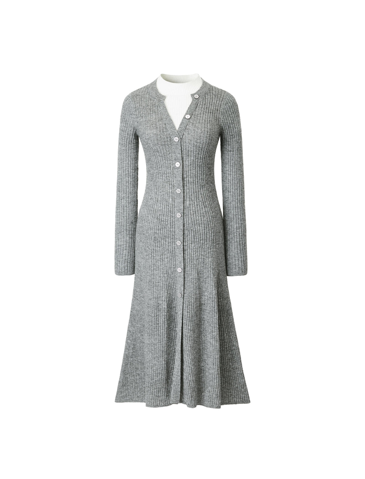 Wool Blend Long-Sleeve Button-Front Midi Dress