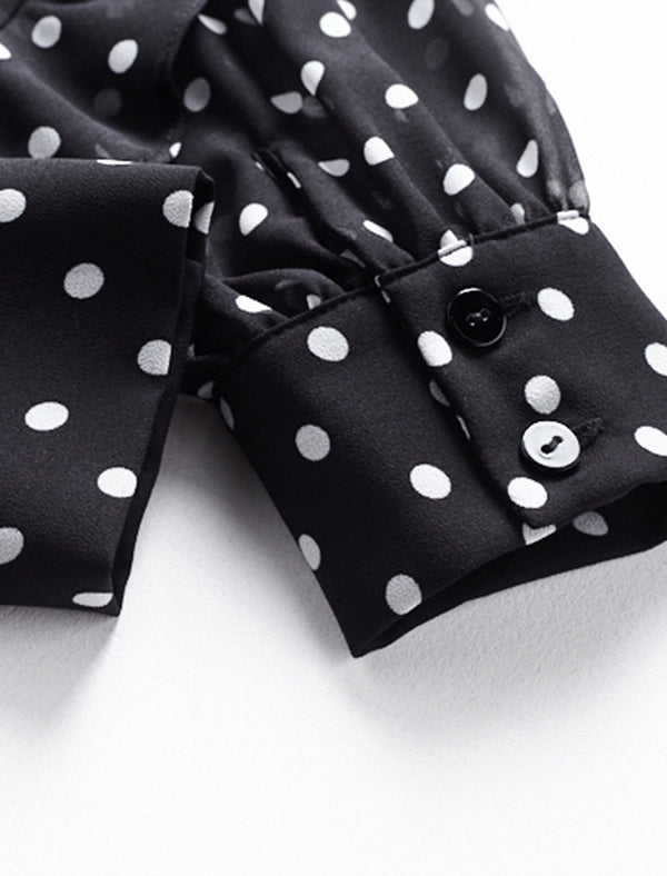 Polka Dots Bow Tie Ruffle Sleeve Blouse