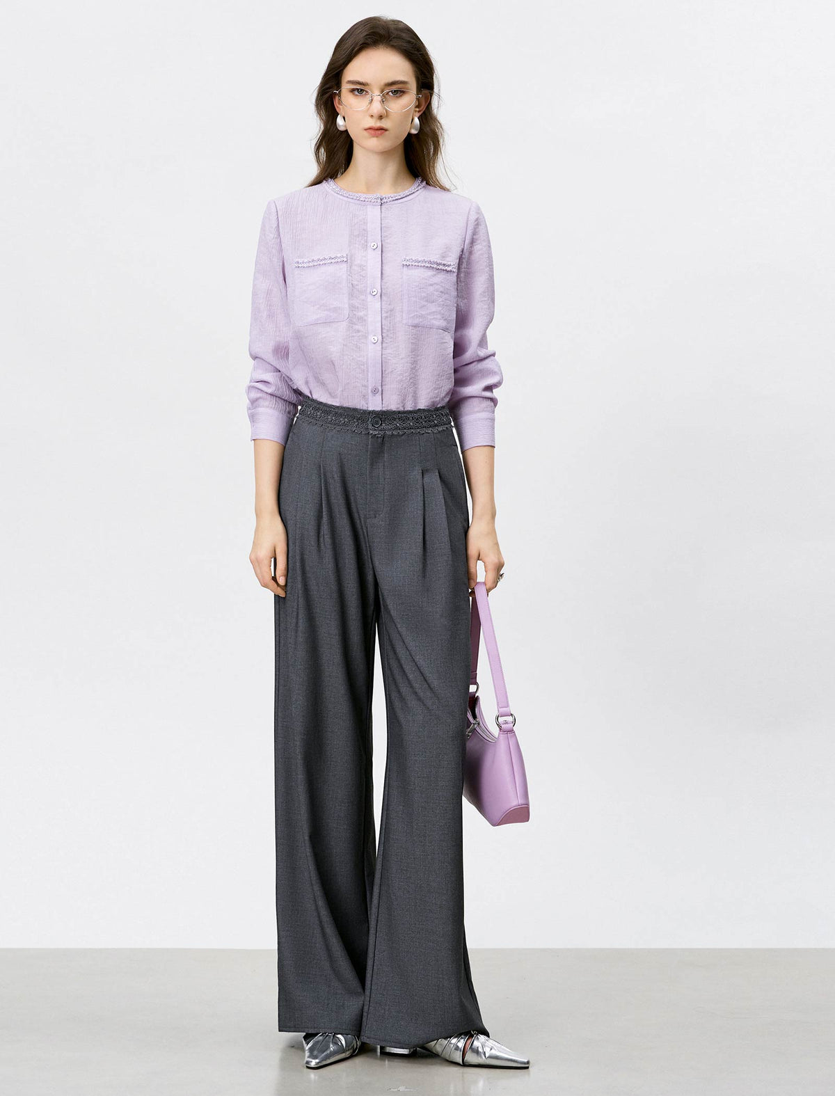 Lilac Mandarin Collar Beaded Trim Blouse