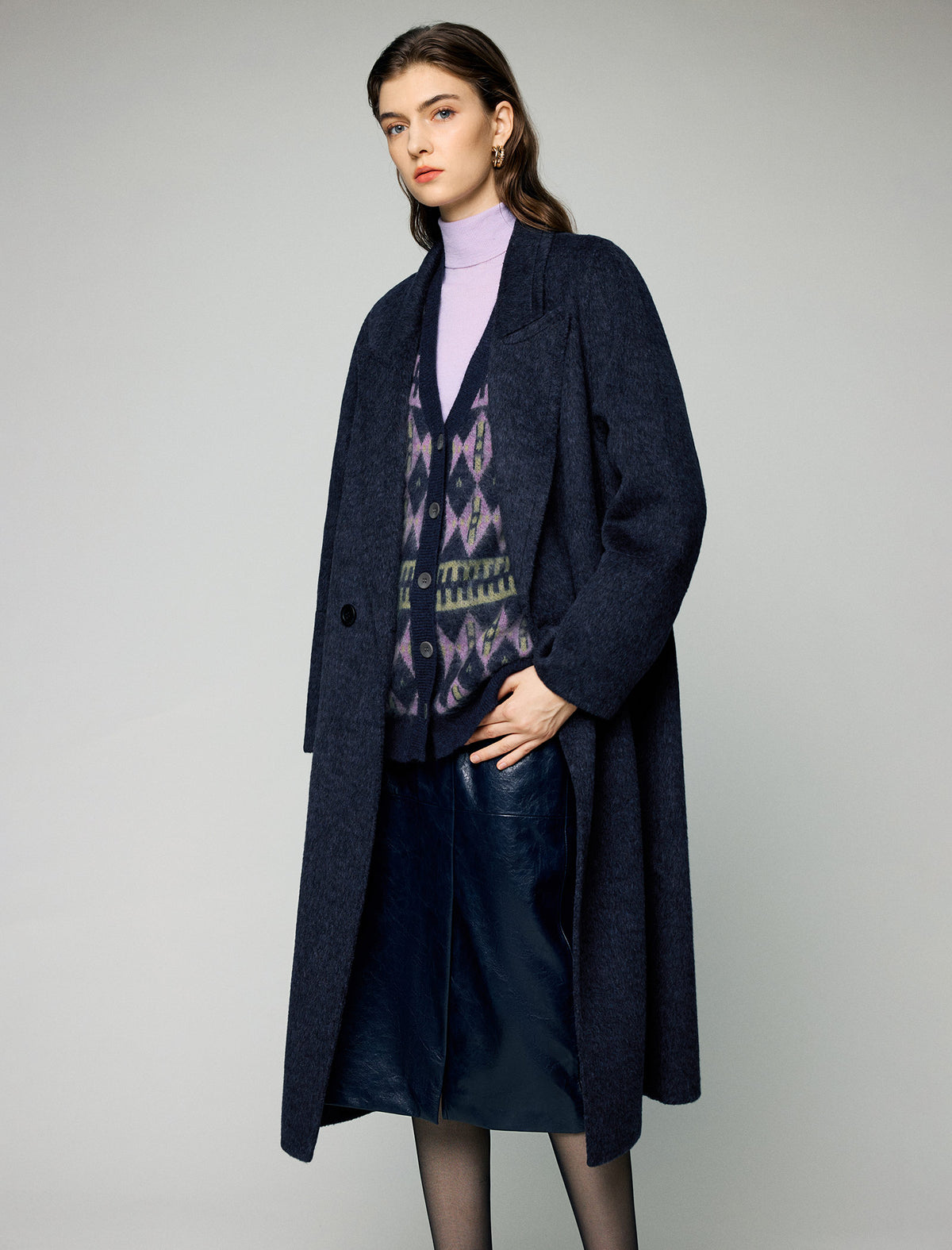 Wool and Mulberry Silk Blend Geometric V-Neck Button-Front Cardigan