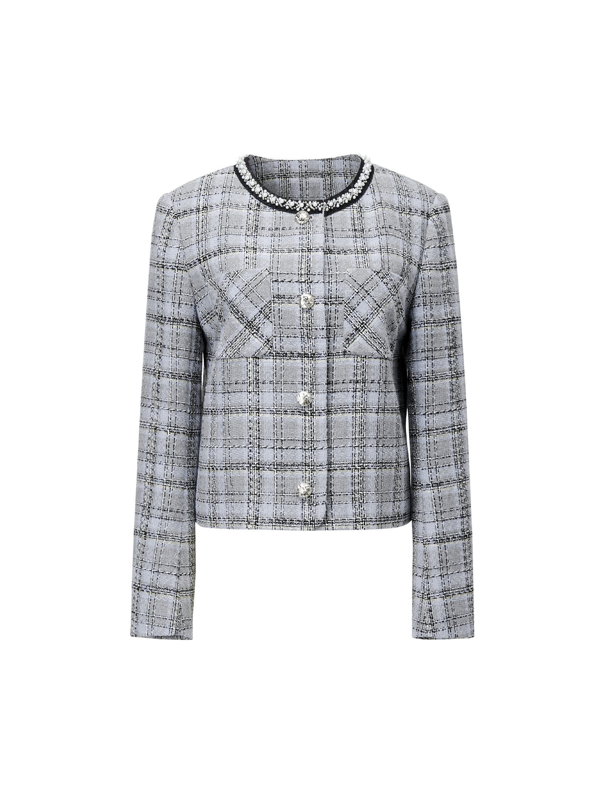 Plaid Tweed Jacket with Pearl Trim Collar