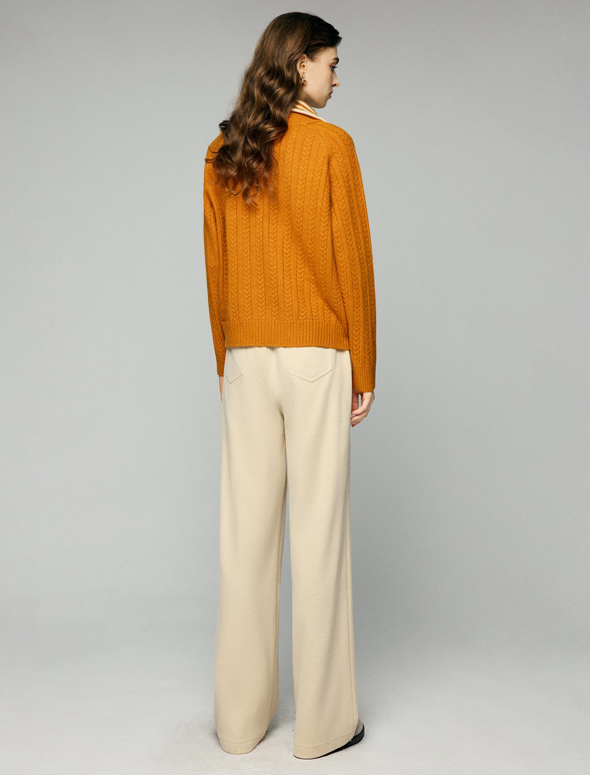 Striped-Collar Cable-Knit Long Sleeve Zip-Front Cardigan