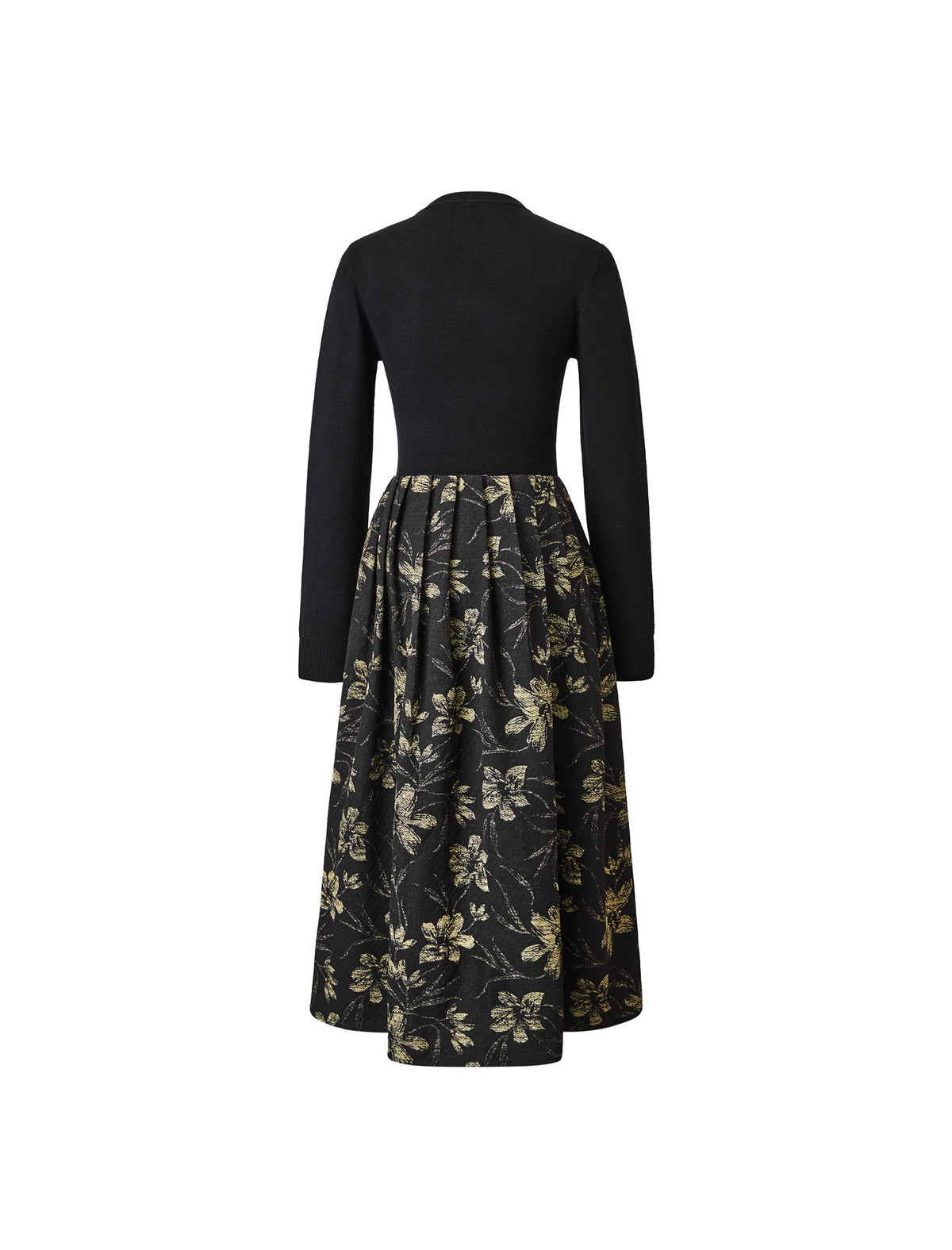 Floral Print Long-Sleeve Mixed-Media Midi Dress
