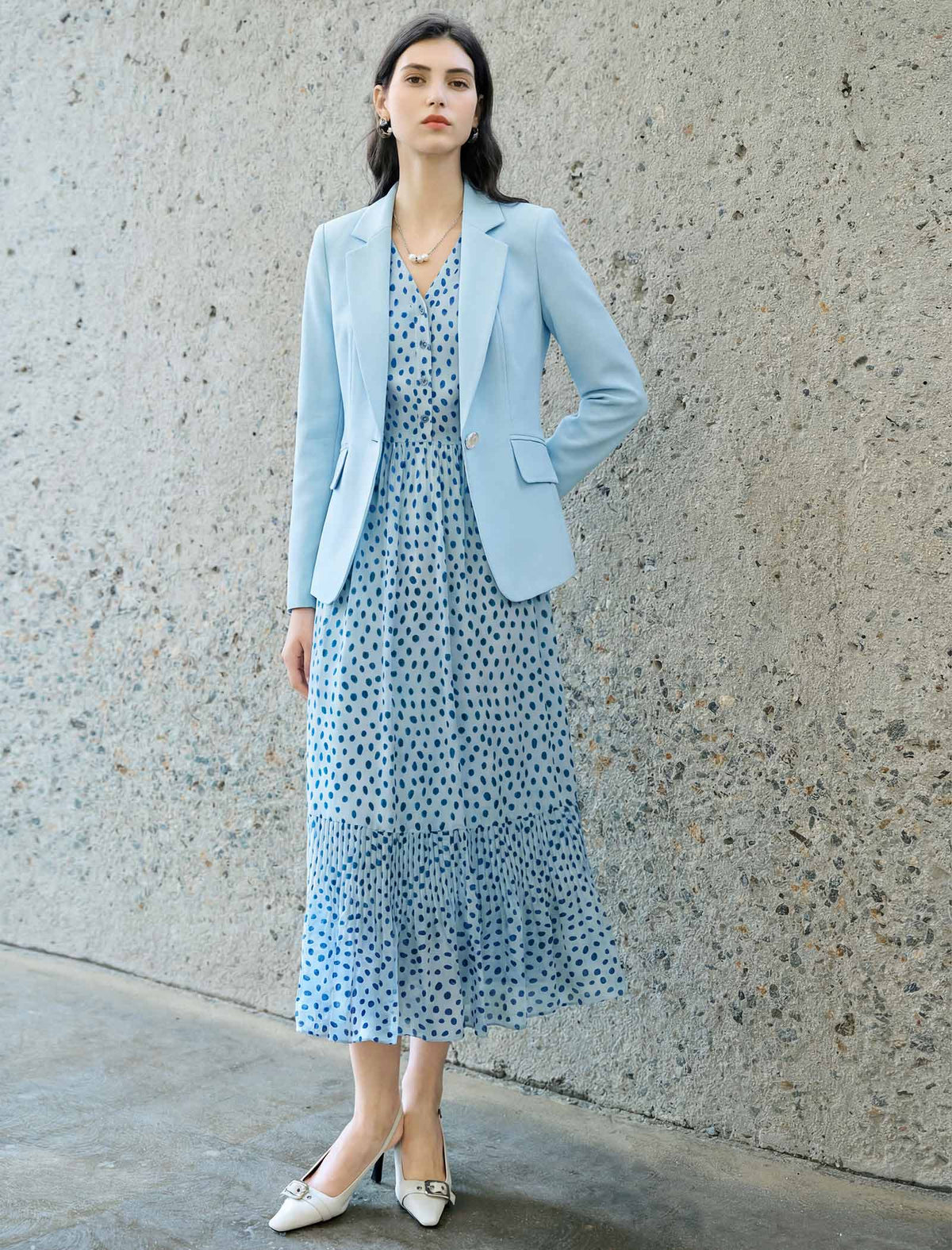Blue Polka Dot Chiffon Midi Dress