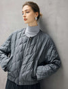 Diamond-Quilted Baseball-Collar Drawstring Cropped Puffer Jacket