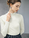 Wool Blend Rhinestone Lace-Sleeve Turtleneck Fitted Top