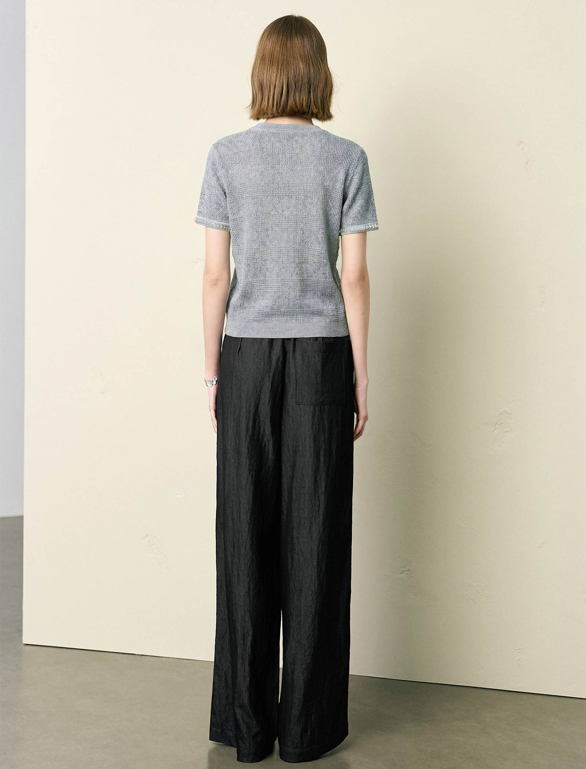 Beaded Open-Knit Short Sleeve Knit Top