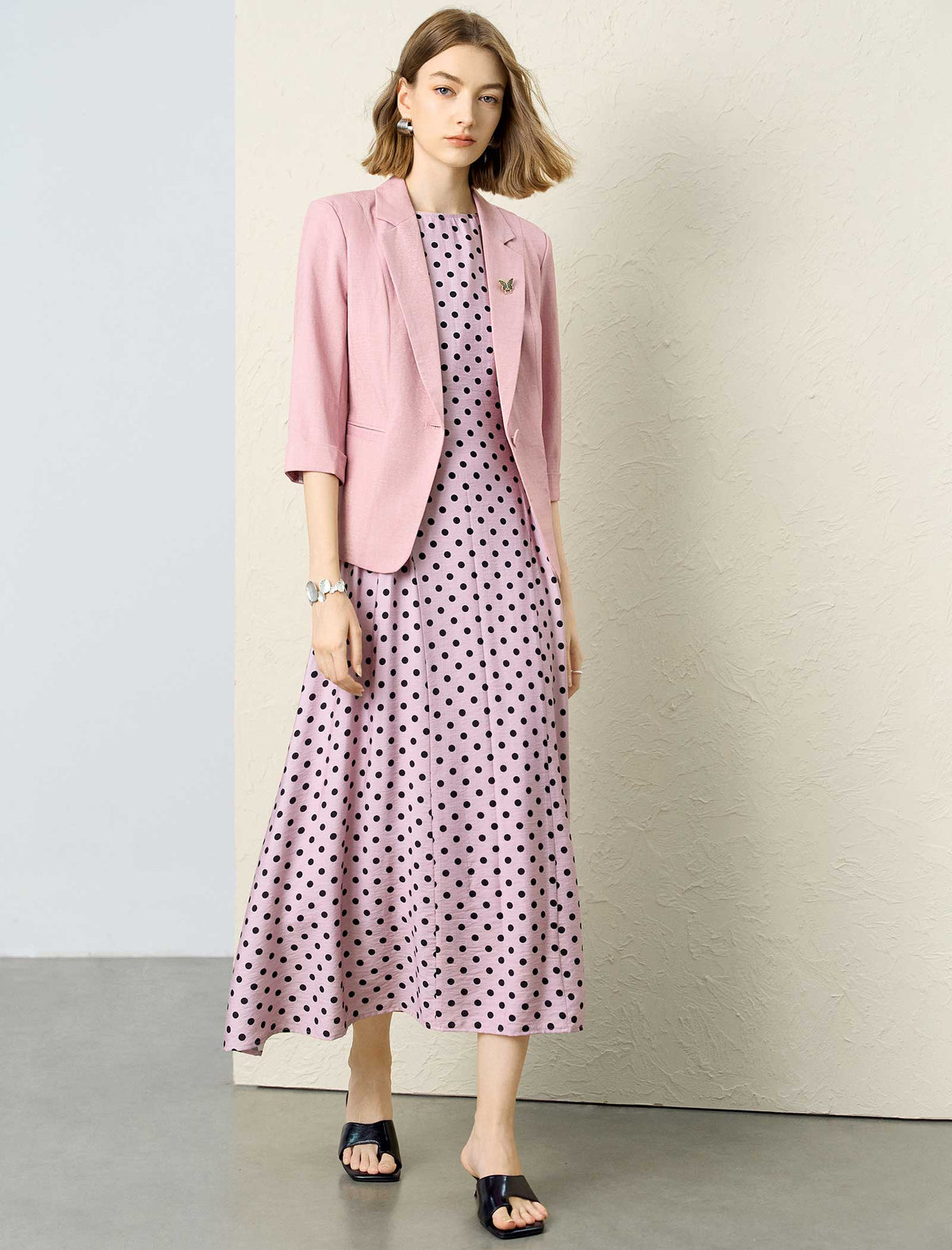 Dusty Pink Single Button Rolled Cuff 3/4 Sleeve Blazer