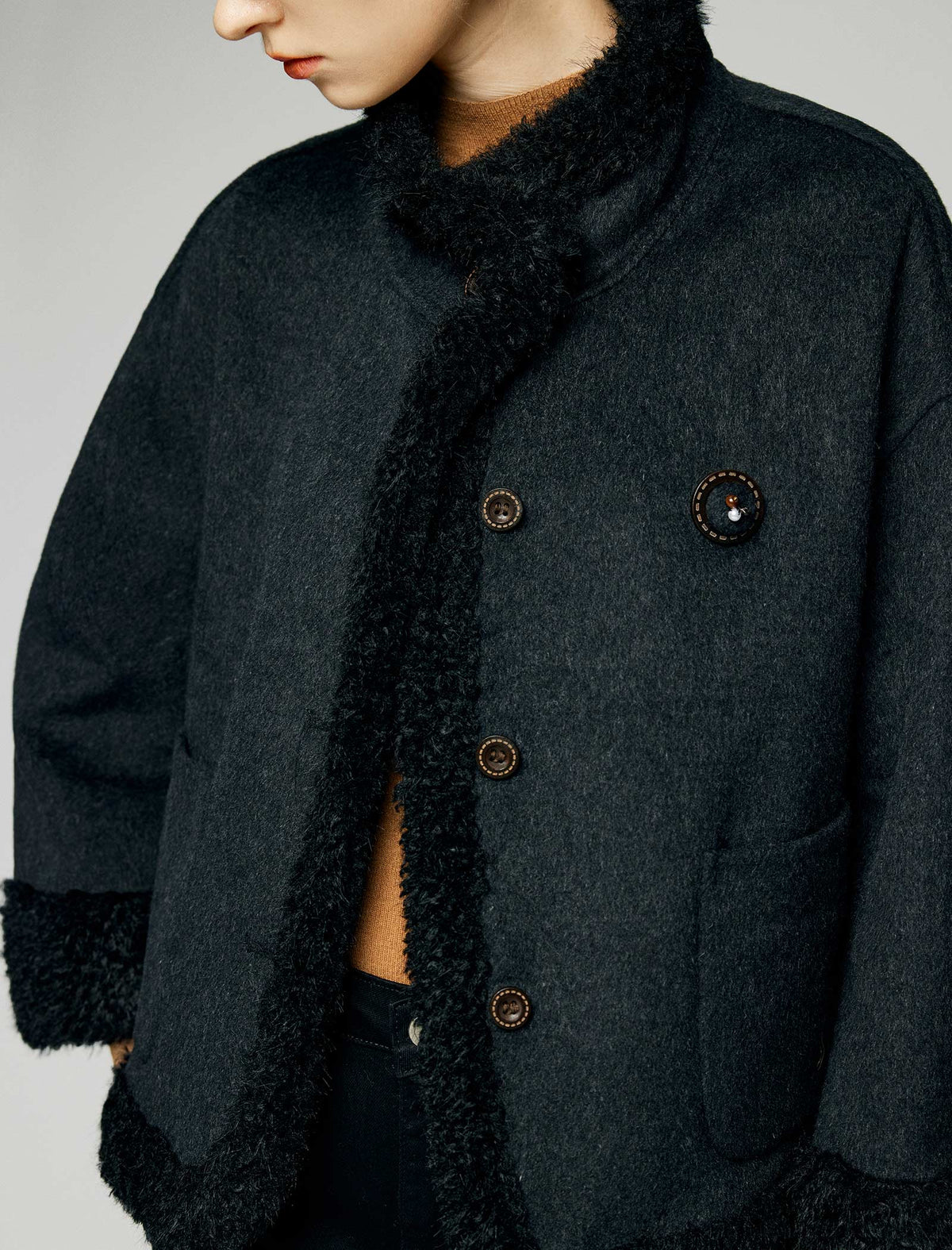 Wool Blend Contrast-Trim Button-Front Cropped Jacket