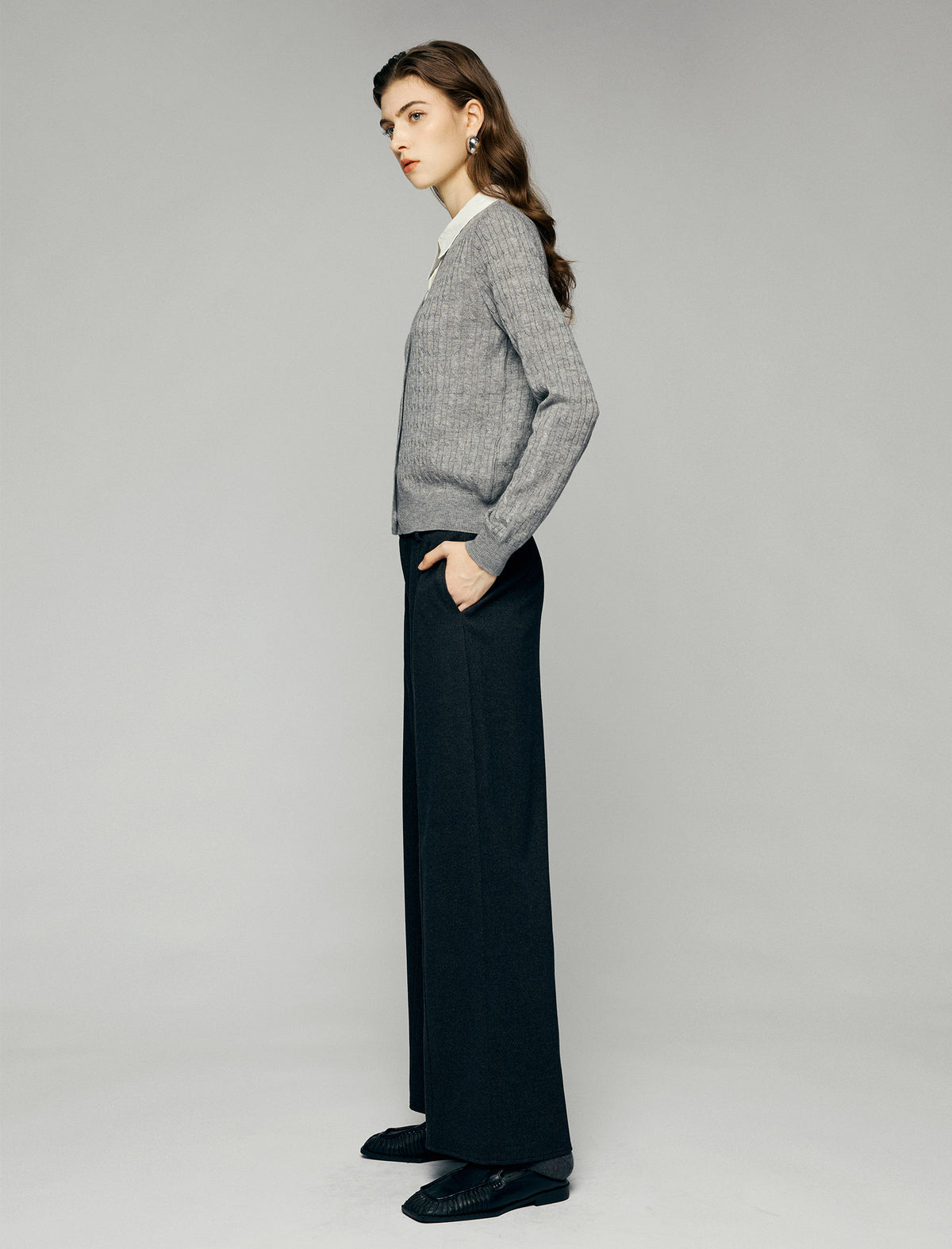 Wool Blend Cable-Knit V-Neck Button-Front Cardigan
