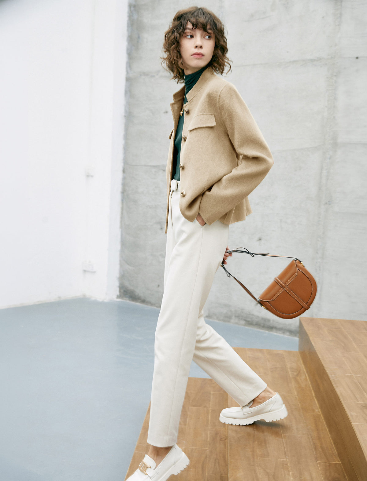 Wool Blend Button-Front Cropped Jacket